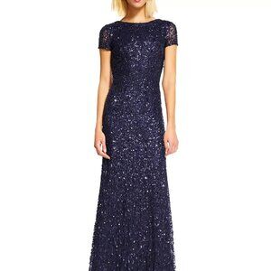 Adrianna Papell Women's Short-Sleeve Scoop Back All Over Sequin Gown in Navy